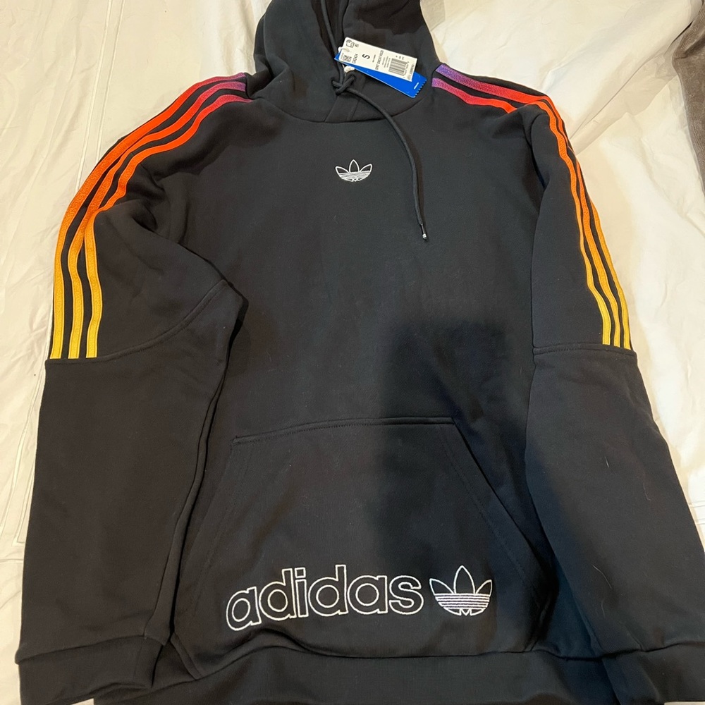 Adidas Sport Hoodie- Mens Small- Black with multicolor stripes on sleeves- NWT